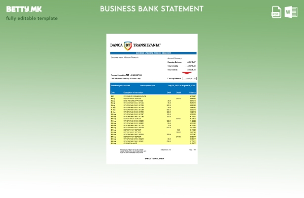Модерен стил Извод на сметка на компанијата Banca Transilvania Шаблон Word и PDF